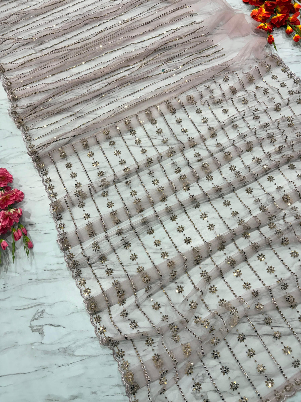 Mauve Pink Premium Butterfly Net Heavy Sequins Embroidered Designer Saree with Unstitched Blouse Set