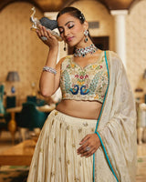 Cream & Blue Peacock Motif Premium Chinon Silk Multi-Thread Embroidery and Heavy Sequins Work Designer Lehenga Choli Set