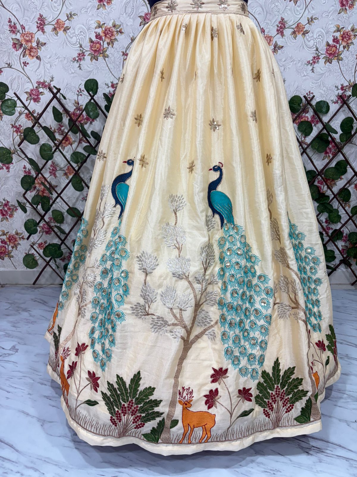 Cream & Blue Peacock Motif Premium Chinon Silk Multi-Thread Embroidery and Heavy Sequins Work Designer Lehenga Choli Set