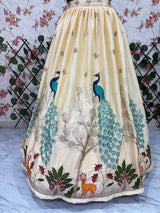 Cream & Blue Peacock Motif Premium Chinon Silk Multi-Thread Embroidery and Heavy Sequins Work Designer Lehenga Choli Set