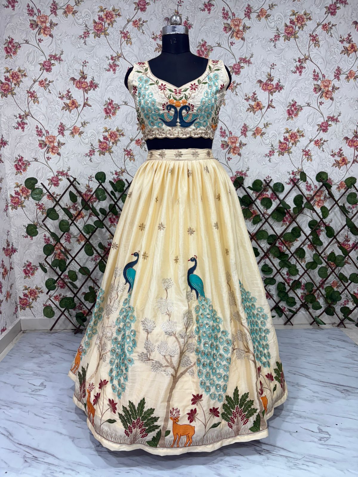 Cream & Blue Peacock Motif Premium Chinon Silk Multi-Thread Embroidery and Heavy Sequins Work Designer Lehenga Choli Set