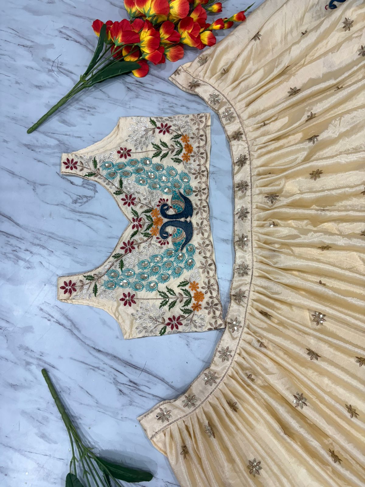 Cream & Blue Peacock Motif Premium Chinon Silk Multi-Thread Embroidery and Heavy Sequins Work Designer Lehenga Choli Set