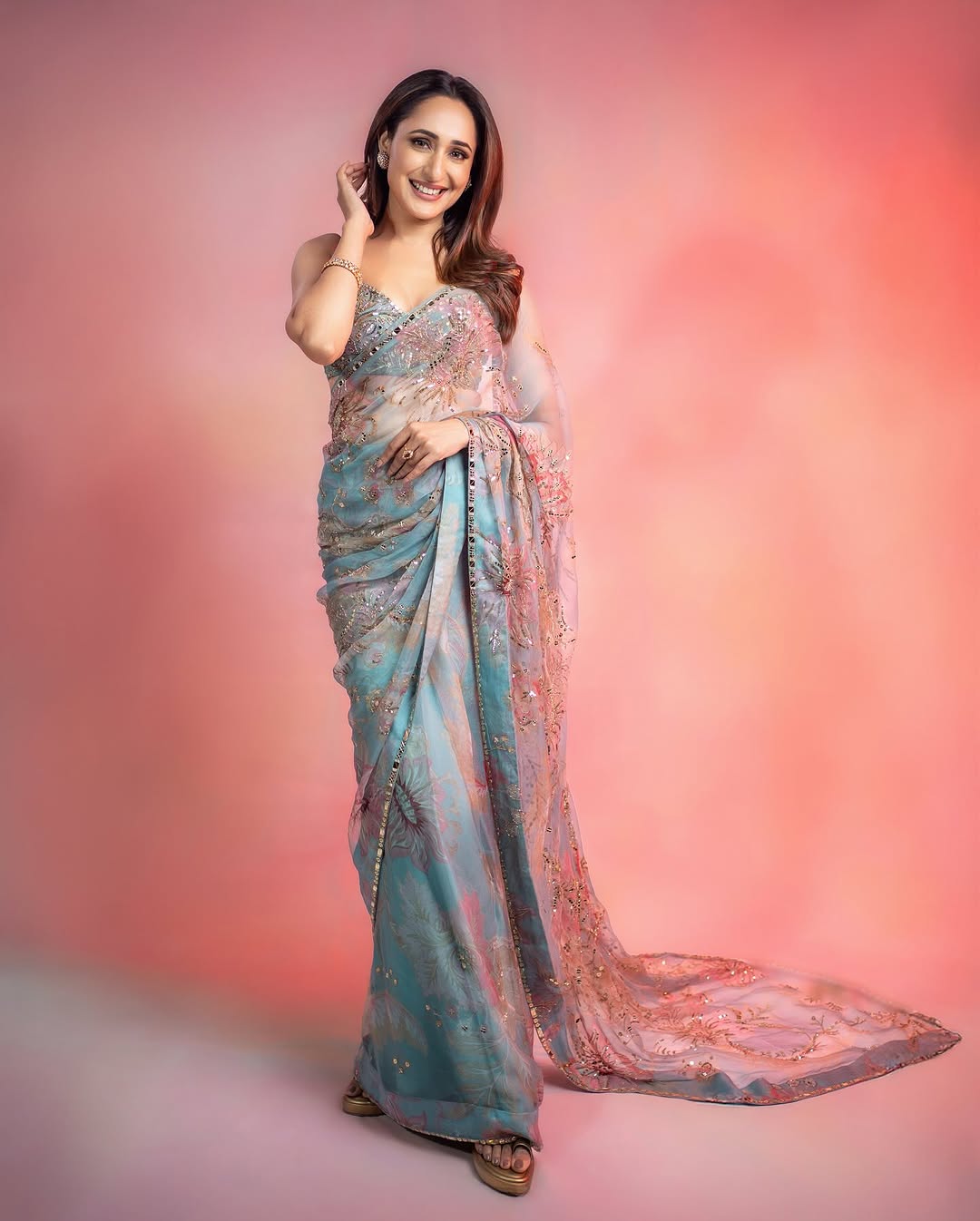 Sky Blue Floral Printed Premium Tabby Silk Designer Saree with Handwork Sequins, Real Mirror Work & Lace Border Set