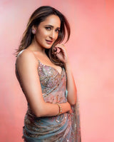 Sky Blue Floral Printed Premium Tabby Silk Designer Saree with Handwork Sequins, Real Mirror Work & Lace Border Set