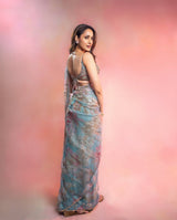 Sky Blue Floral Printed Premium Tabby Silk Designer Saree with Handwork Sequins, Real Mirror Work & Lace Border Set