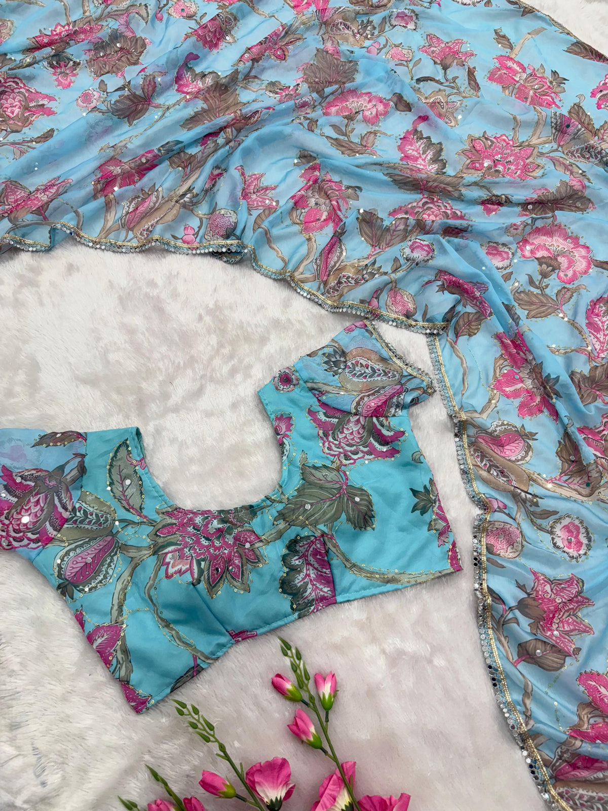 Sky Blue Floral Printed Premium Tabby Silk Designer Saree with Handwork Sequins, Real Mirror Work & Lace Border Set