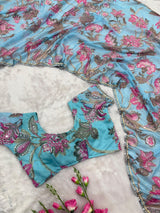Sky Blue Floral Printed Premium Tabby Silk Designer Saree with Handwork Sequins, Real Mirror Work & Lace Border Set