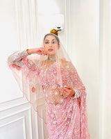 Baby Pink Premium Butterfly Net Heavy Embroidery, Sequins, Zari & Thread Work Designer Saree with Unstitched Blouse Set