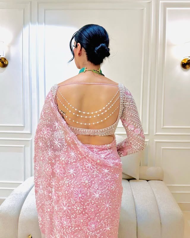 Baby Pink Premium Butterfly Net Heavy Embroidery, Sequins, Zari & Thread Work Designer Saree with Unstitched Blouse Set