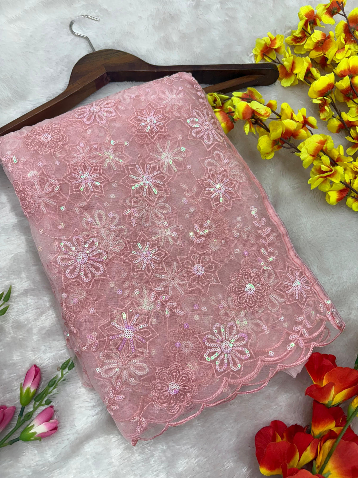 Baby Pink Premium Butterfly Net Heavy Embroidery, Sequins, Zari & Thread Work Designer Saree with Unstitched Blouse Set