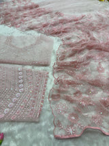 Baby Pink Premium Butterfly Net Heavy Embroidery, Sequins, Zari & Thread Work Designer Saree with Unstitched Blouse Set