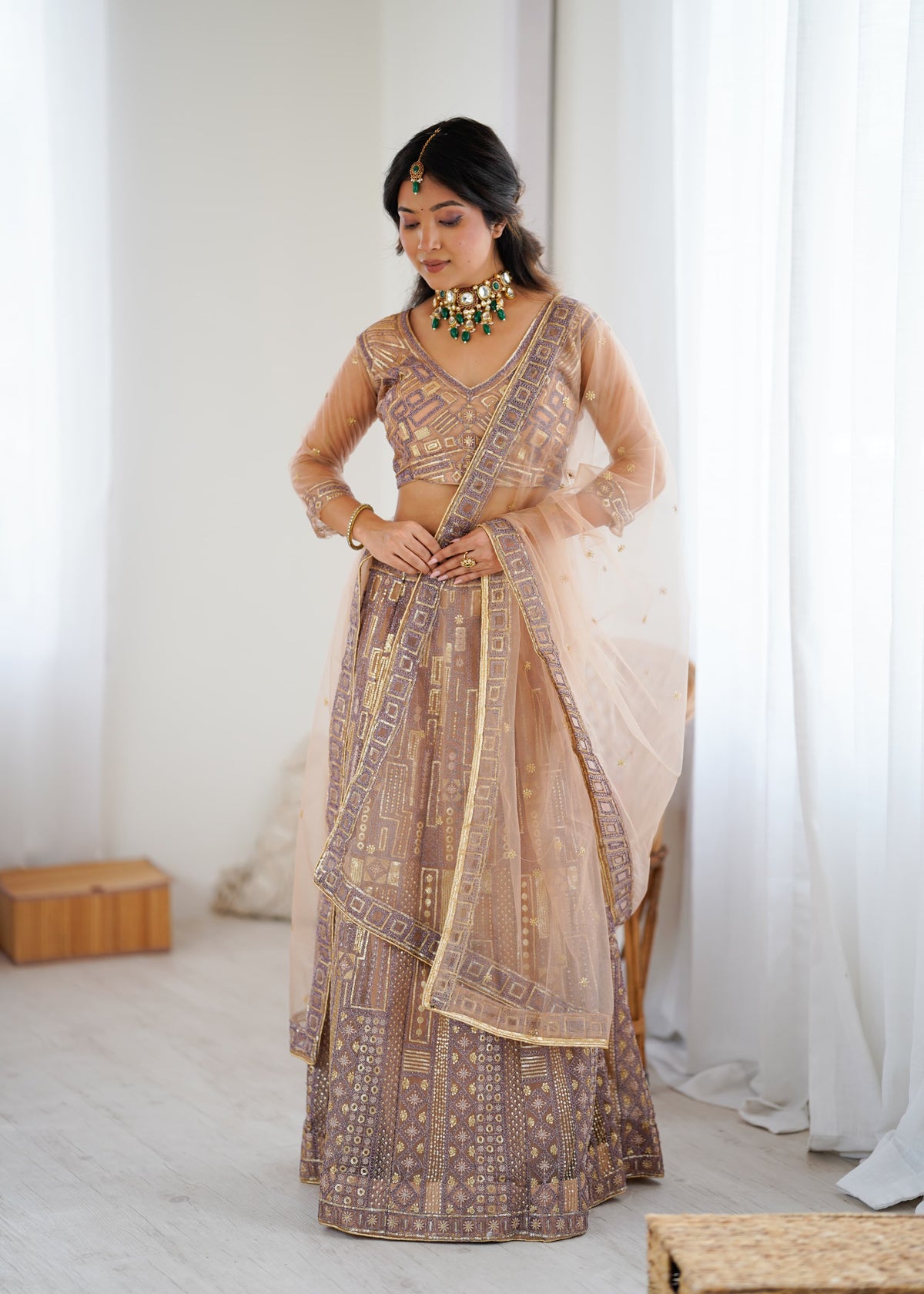 Mauve & Gold Premium Soft Butterfly Net Heavy Embroidery and Sequins Work Designer Lehenga Choli Set