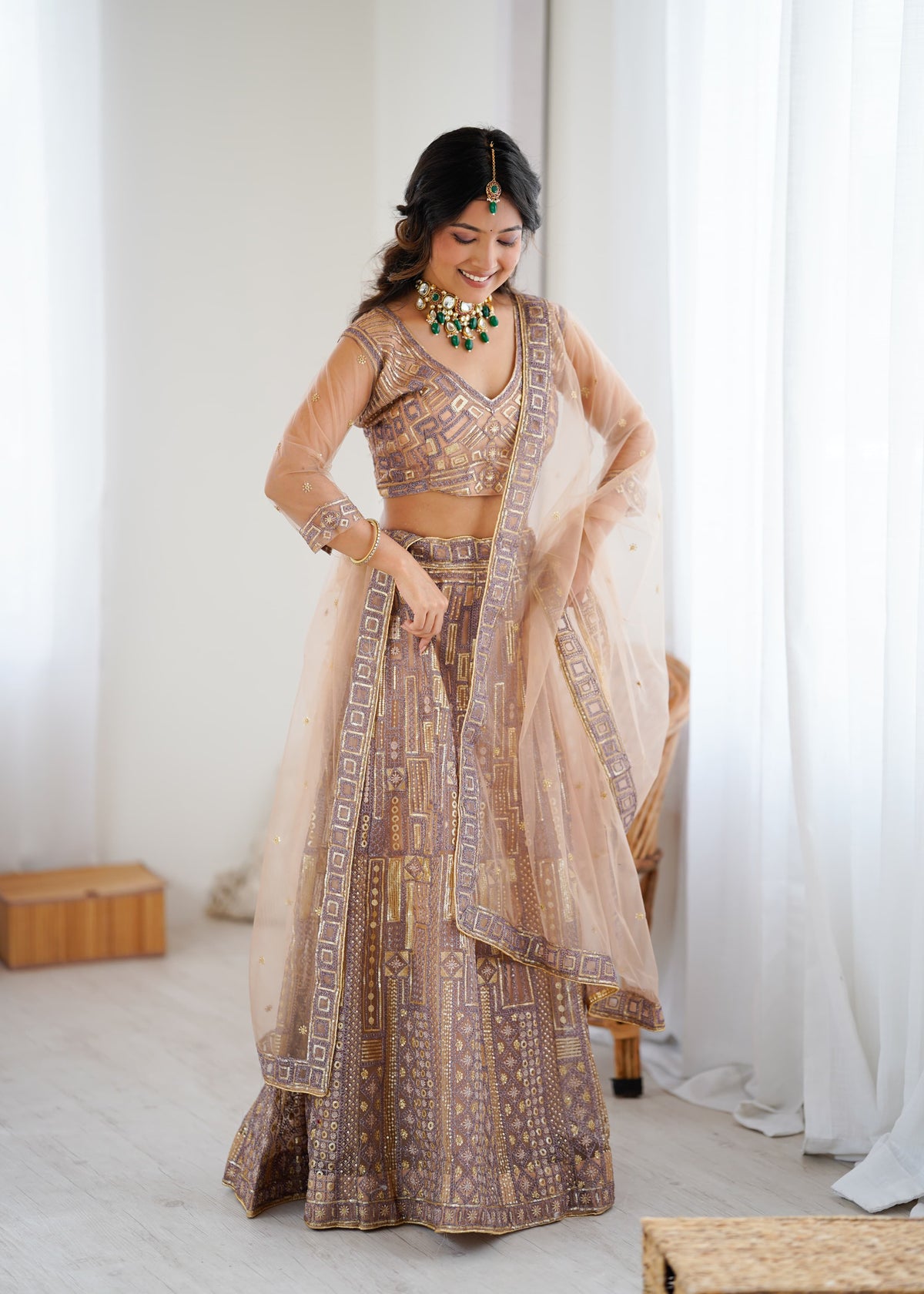 Mauve & Gold Premium Soft Butterfly Net Heavy Embroidery and Sequins Work Designer Lehenga Choli Set