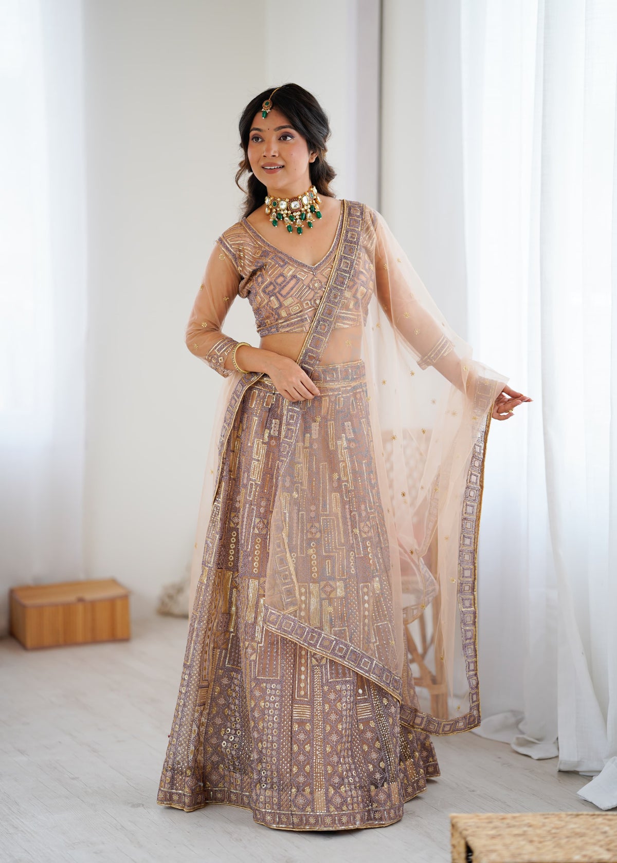Mauve & Gold Premium Soft Butterfly Net Heavy Embroidery and Sequins Work Designer Lehenga Choli Set