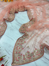 Peach Premium Butterfly Net Heavy Embroidery, Sequins & Jari Work Designer C-Pallu Saree with Unstitched Blouse Set