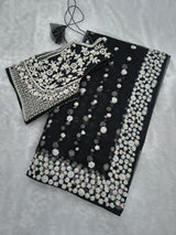 Black Premium Butterfly Soft Net Heavy Embroidery, Sequins & Hand Pearl Work Designer Saree with Unstitched Blouse Set