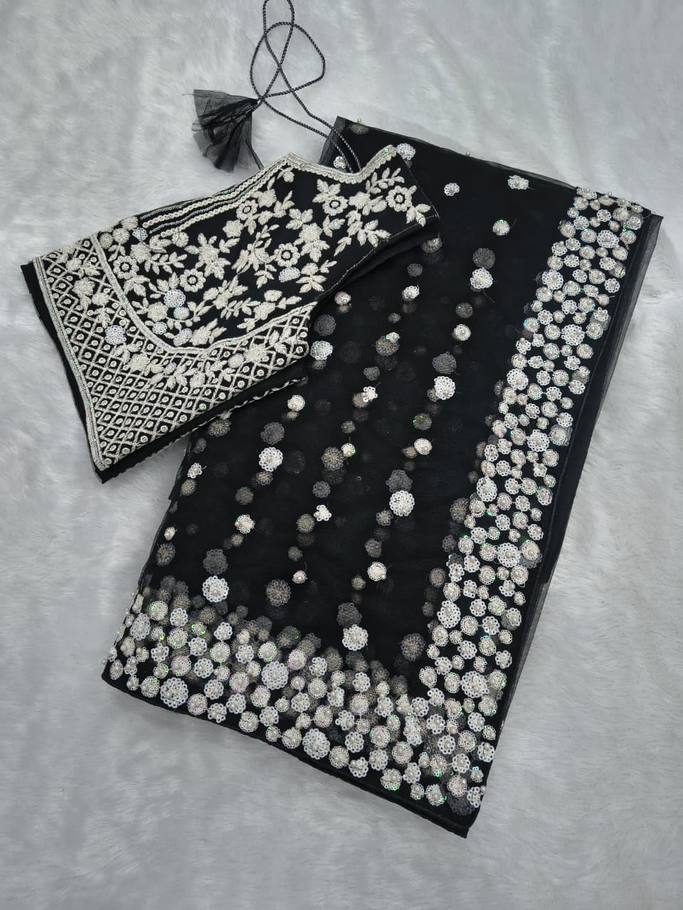 Black Premium Butterfly Soft Net Heavy Embroidery, Sequins & Hand Pearl Work Designer Saree with Unstitched Blouse Set