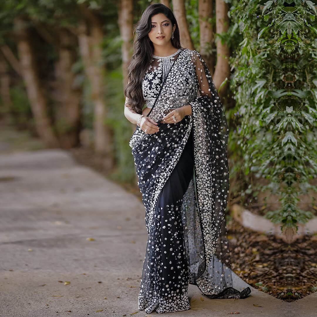 Black Premium Butterfly Soft Net Heavy Embroidery, Sequins & Hand Pearl Work Designer Saree with Unstitched Blouse Set