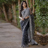 Black Premium Butterfly Soft Net Heavy Embroidery, Sequins & Hand Pearl Work Designer Saree with Unstitched Blouse Set
