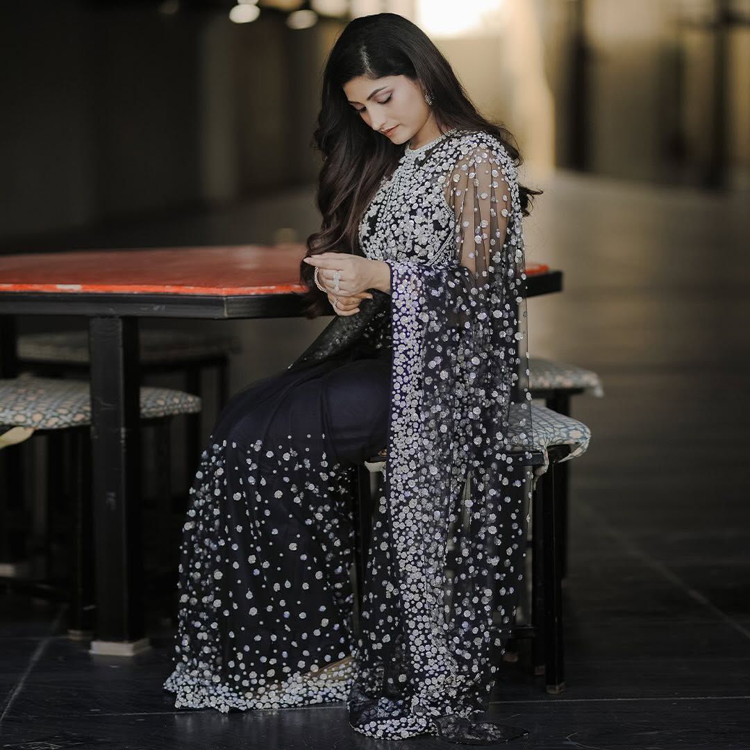 Black Premium Butterfly Soft Net Heavy Embroidery, Sequins & Hand Pearl Work Designer Saree with Unstitched Blouse Set