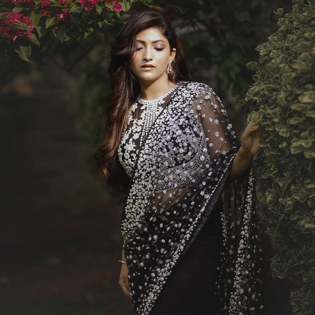 Black Premium Butterfly Soft Net Heavy Embroidery, Sequins & Hand Pearl Work Designer Saree with Unstitched Blouse Set