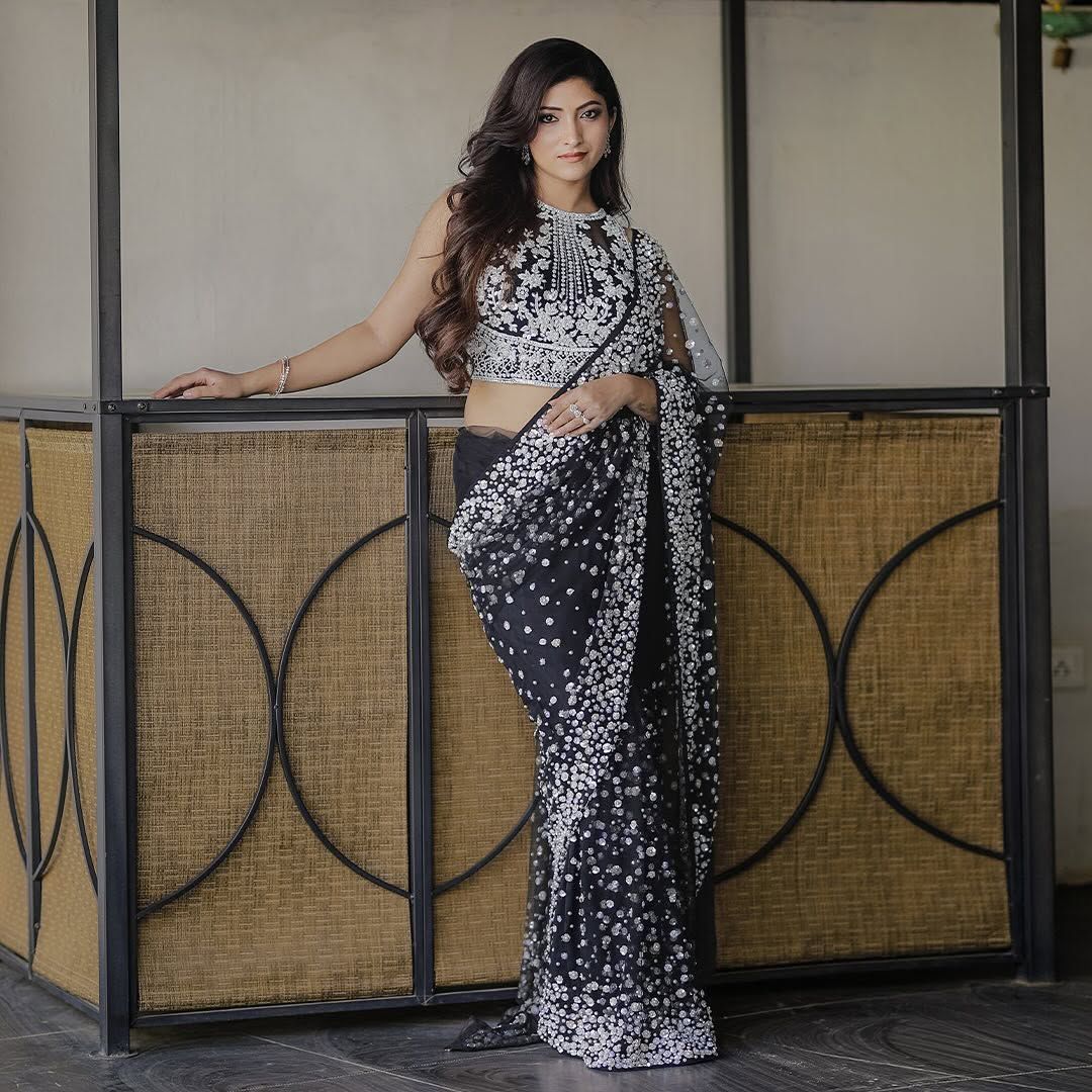 Black Premium Butterfly Soft Net Heavy Embroidery, Sequins & Hand Pearl Work Designer Saree with Unstitched Blouse Set