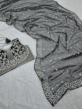 Black Premium Butterfly Soft Net Heavy Embroidery, Sequins & Hand Pearl Work Designer Saree with Unstitched Blouse Set
