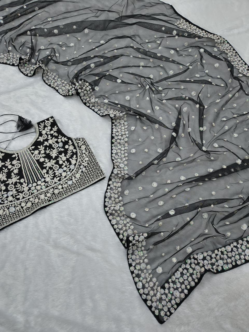 Black Premium Butterfly Soft Net Heavy Embroidery, Sequins & Hand Pearl Work Designer Saree with Unstitched Blouse Set