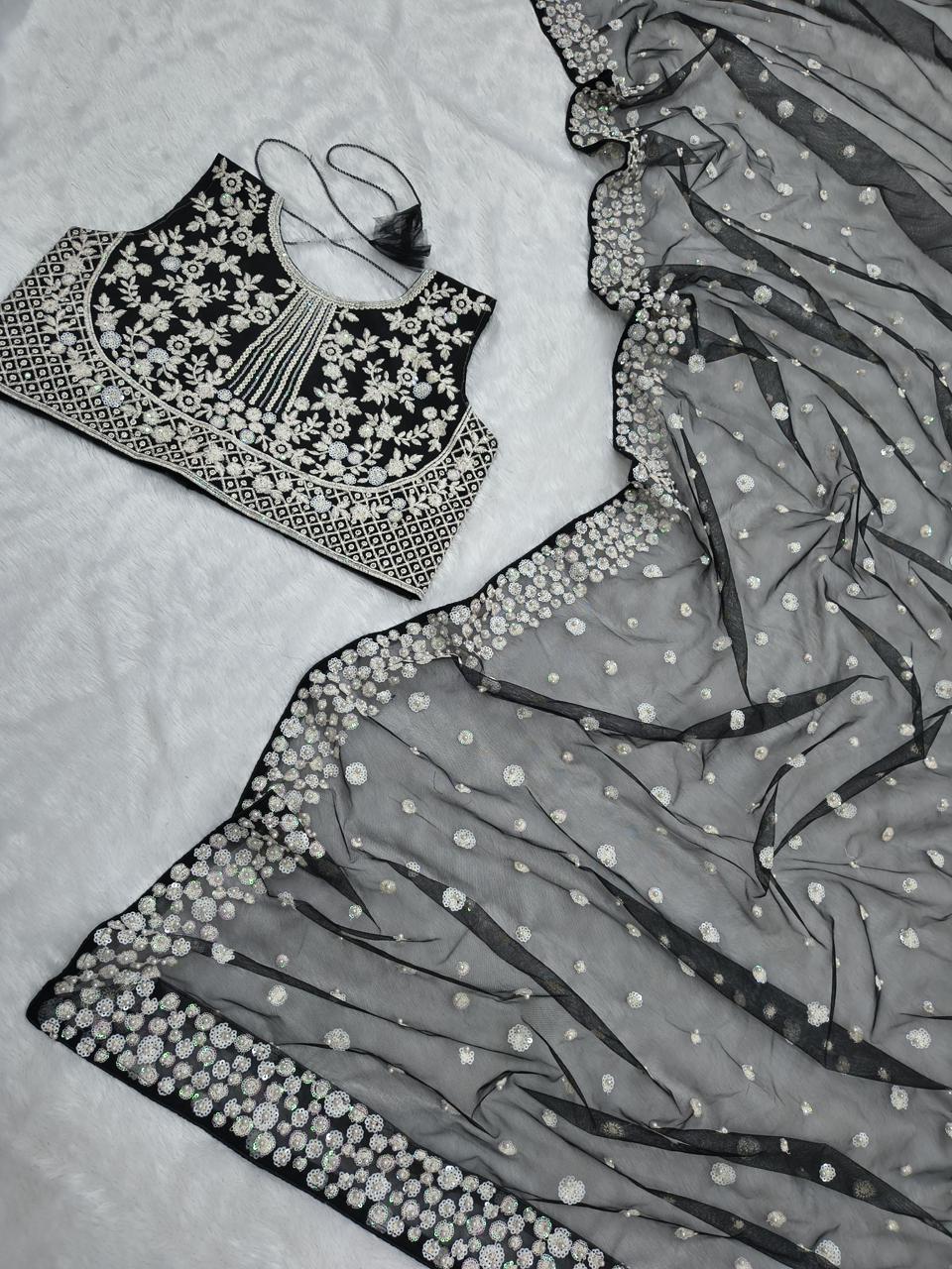 Black Premium Butterfly Soft Net Heavy Embroidery, Sequins & Hand Pearl Work Designer Saree with Unstitched Blouse Set