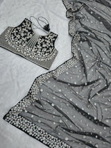 Black Premium Butterfly Soft Net Heavy Embroidery, Sequins & Hand Pearl Work Designer Saree with Unstitched Blouse Set