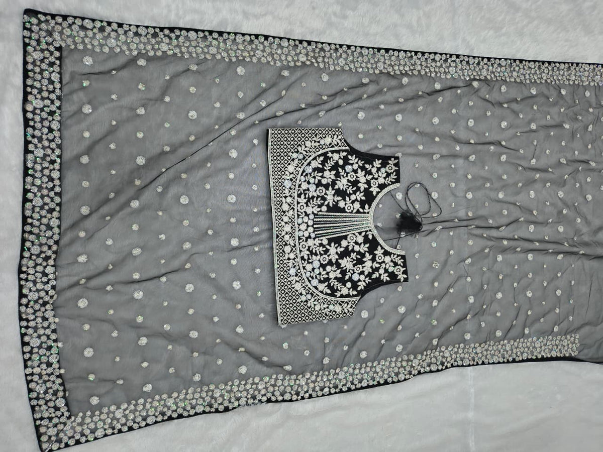 Black Premium Butterfly Soft Net Heavy Embroidery, Sequins & Hand Pearl Work Designer Saree with Unstitched Blouse Set