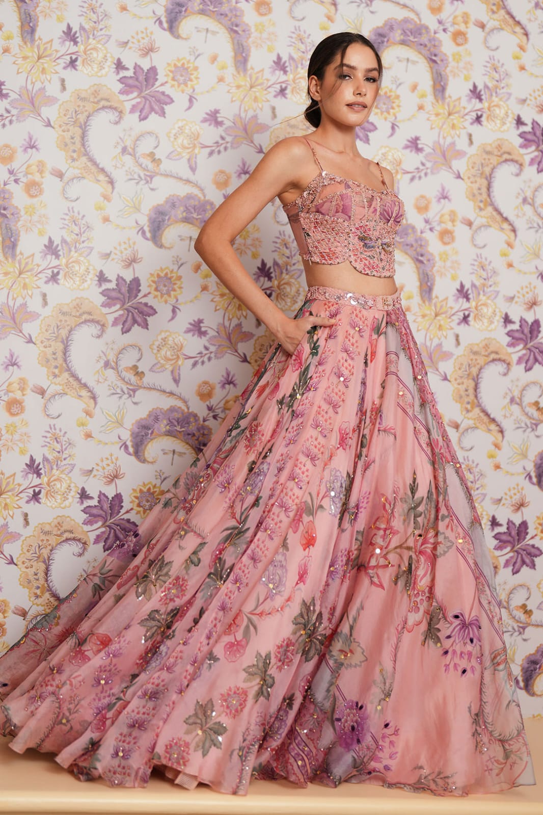 Pastel Pink Floral Printed Taby Silk Designer Lehenga Choli with Hand Real Mirror, Sequins & Multicolour Lace Border Set