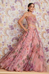 Pastel Pink Floral Printed Taby Silk Designer Lehenga Choli with Hand Real Mirror, Sequins & Multicolour Lace Border Set