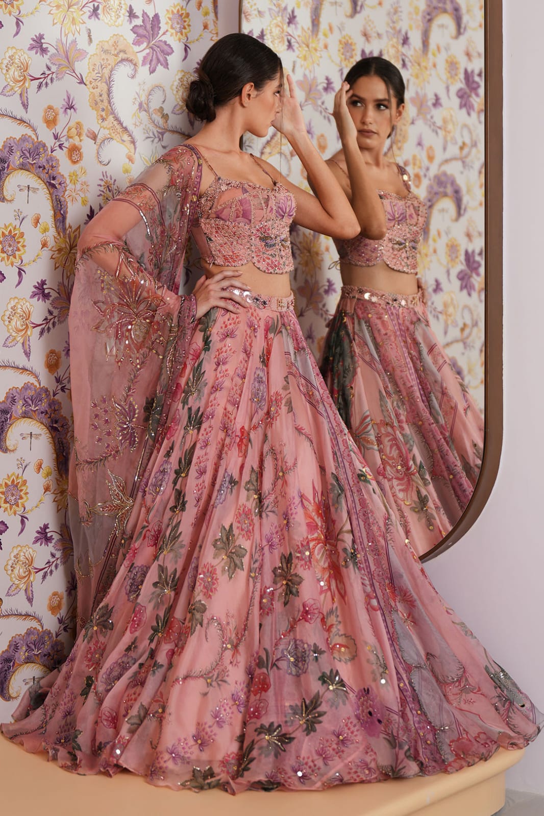 Pastel Pink Floral Printed Taby Silk Designer Lehenga Choli with Hand Real Mirror, Sequins & Multicolour Lace Border Set