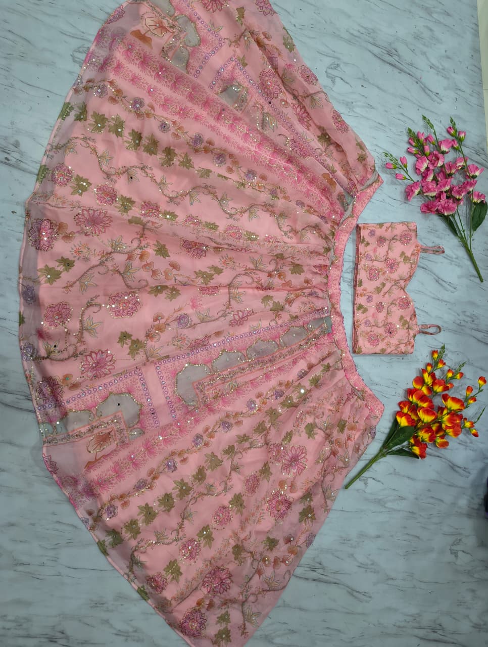 Pastel Pink Floral Printed Taby Silk Designer Lehenga Choli with Hand Real Mirror, Sequins & Multicolour Lace Border Set
