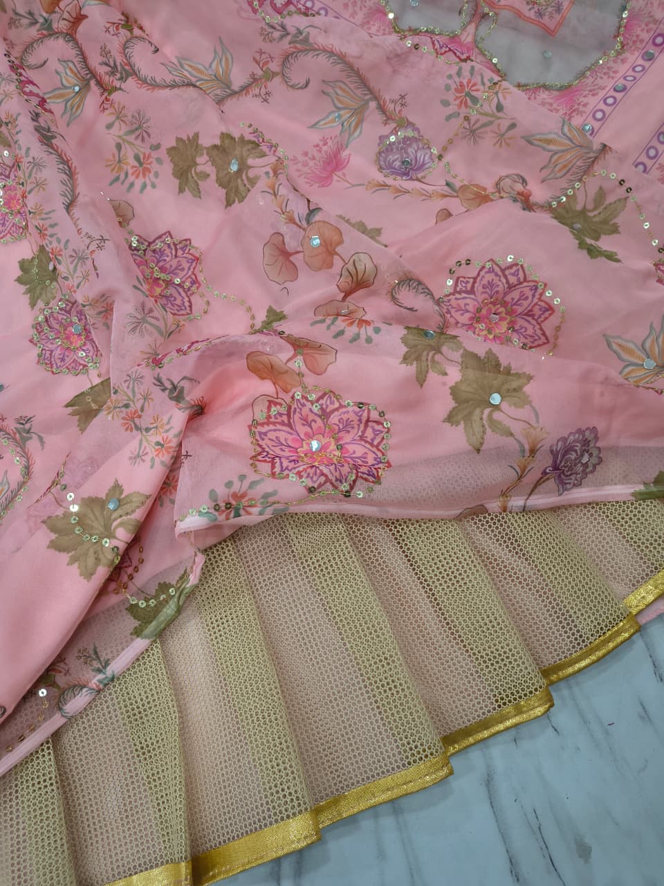 Pastel Pink Floral Printed Taby Silk Designer Lehenga Choli with Hand Real Mirror, Sequins & Multicolour Lace Border Set