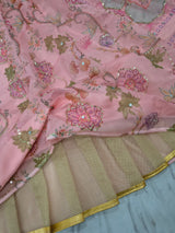 Pastel Pink Floral Printed Taby Silk Designer Lehenga Choli with Hand Real Mirror, Sequins & Multicolour Lace Border Set