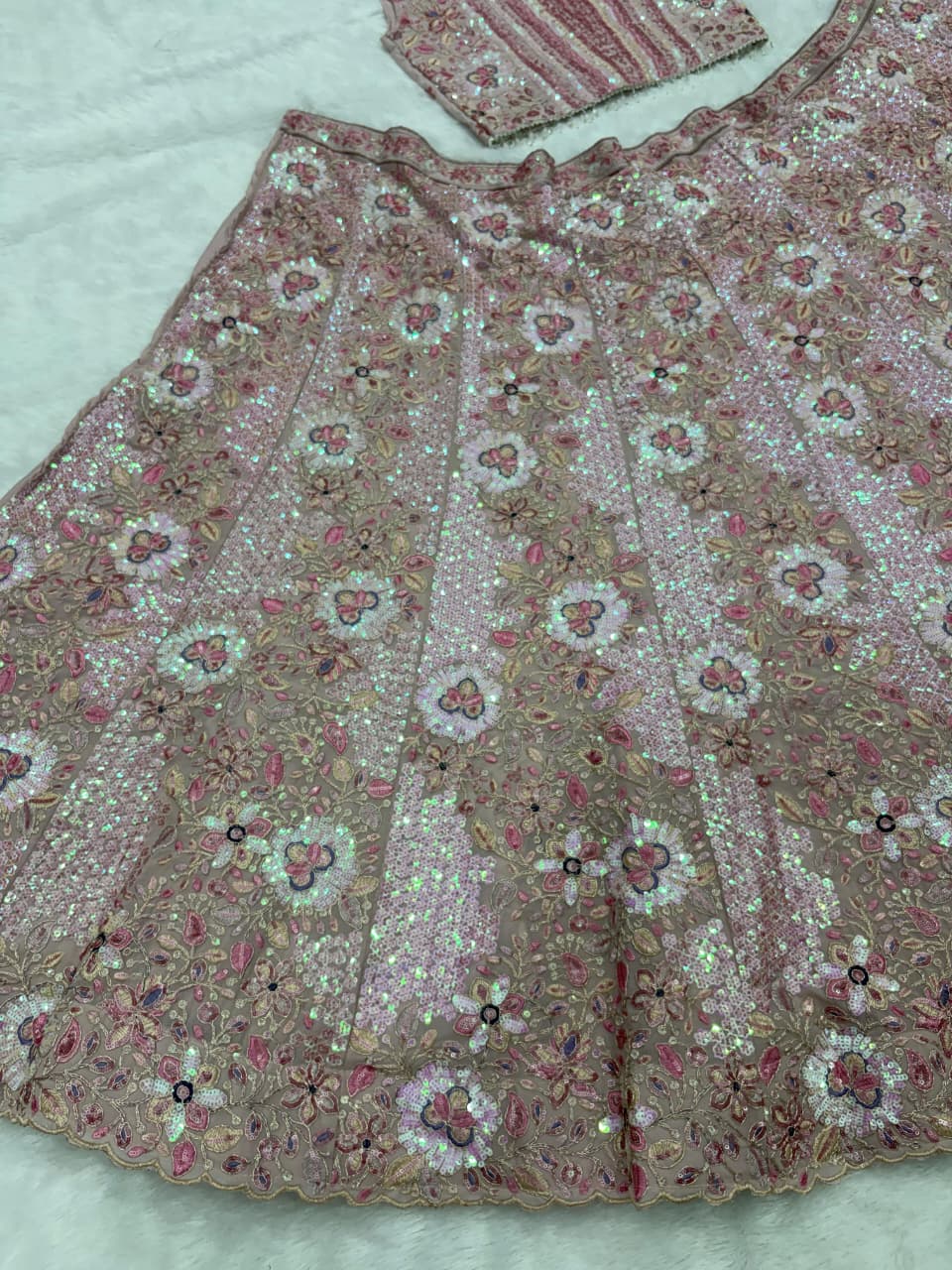 Pastel Pink Heavy Thread, Coding & Sequins Embroidered Faux Georgette Designer Bridal Lehenga Choli Set