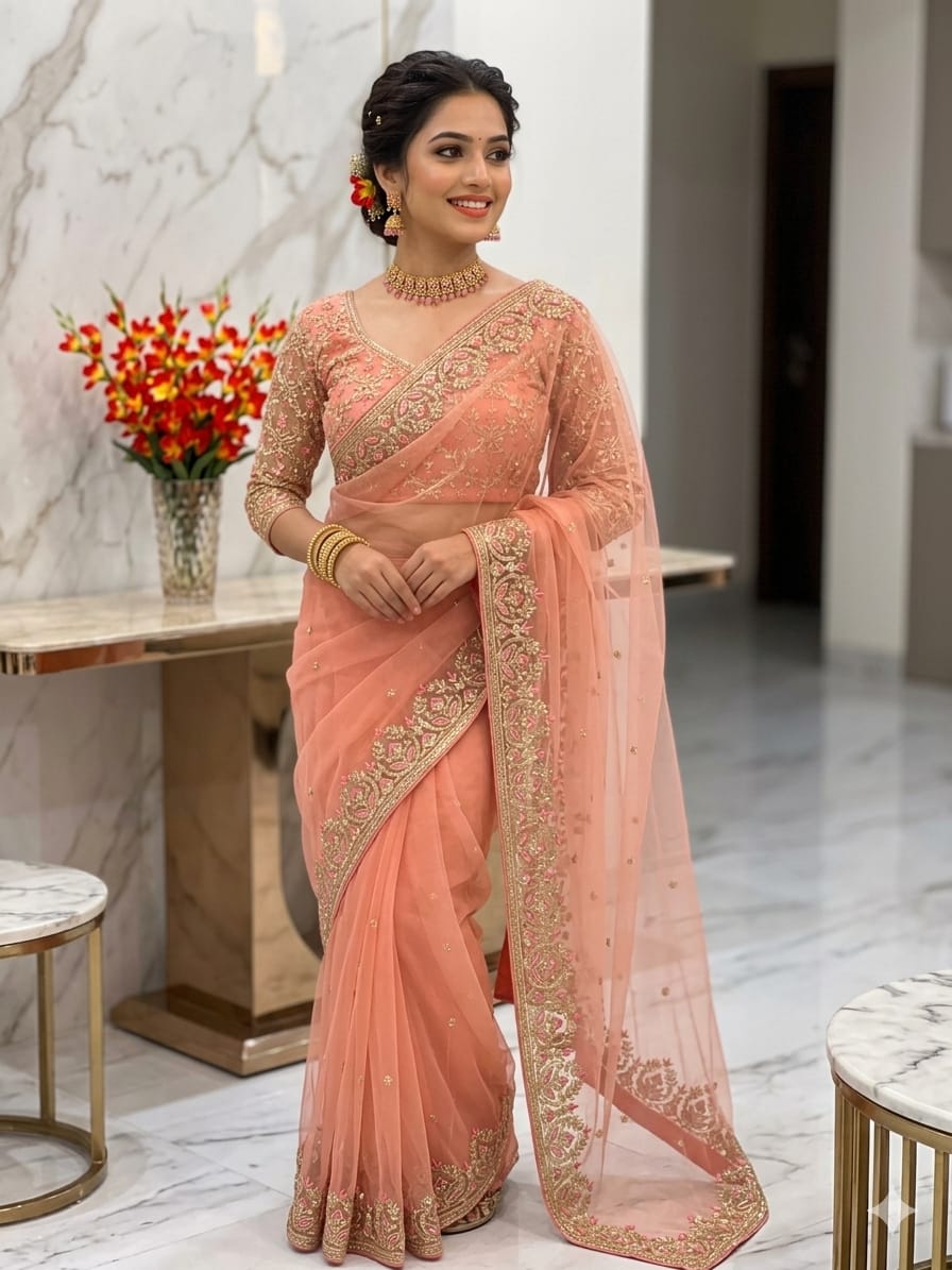 Peach Premium Butterfly Net Heavy Embroidery, Sequins & Jari Work Designer C-Pallu Saree with Unstitched Blouse Set
