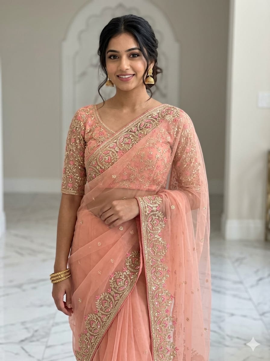 Peach Premium Butterfly Net Heavy Embroidery, Sequins & Jari Work Designer C-Pallu Saree with Unstitched Blouse Set