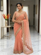 Peach Premium Butterfly Net Heavy Embroidery, Sequins & Jari Work Designer C-Pallu Saree with Unstitched Blouse Set