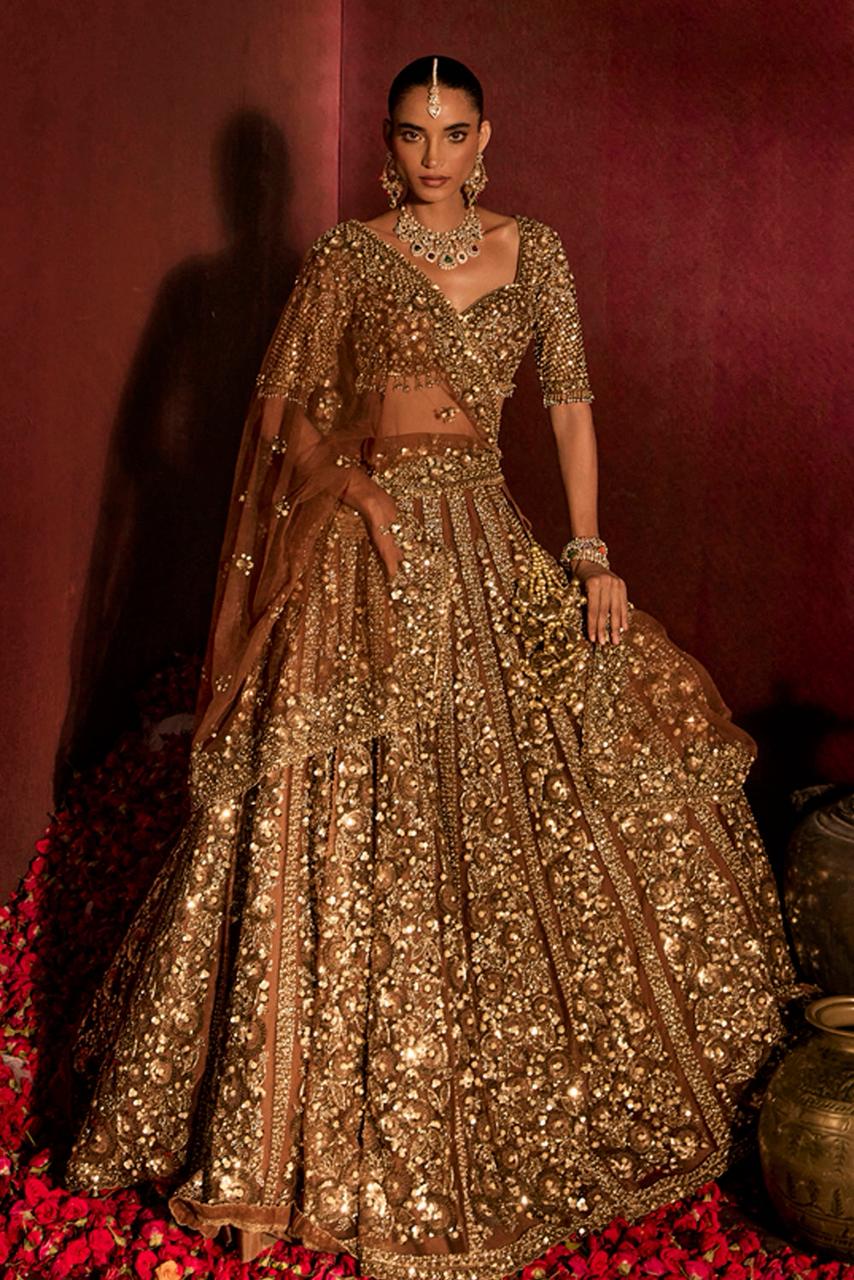 Rich Brown Heavy Embroidery, Dori & Glass Sequins Work Premium Soft Butterfly Net Designer Bridal Lehenga Choli Set