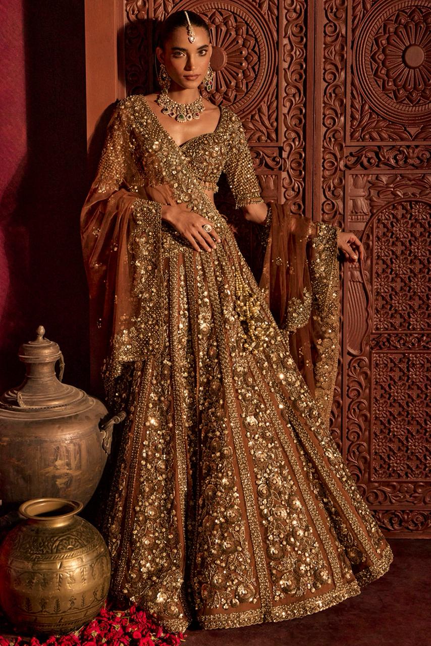 Rich Brown Heavy Embroidery, Dori & Glass Sequins Work Premium Soft Butterfly Net Designer Bridal Lehenga Choli Set