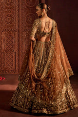 Rich Brown Heavy Embroidery, Dori & Glass Sequins Work Premium Soft Butterfly Net Designer Bridal Lehenga Choli Set