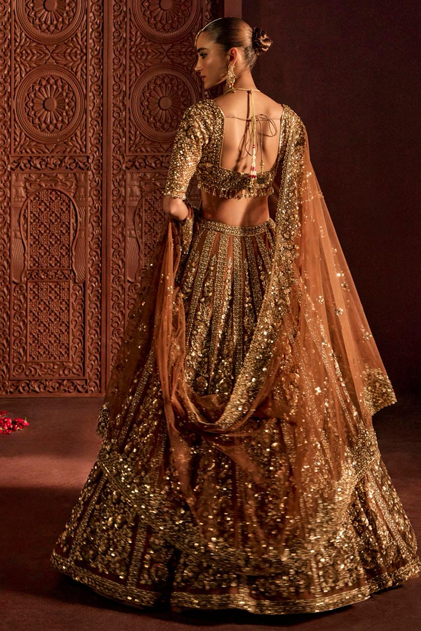 Rich Brown Heavy Embroidery, Dori & Glass Sequins Work Premium Soft Butterfly Net Designer Bridal Lehenga Choli Set