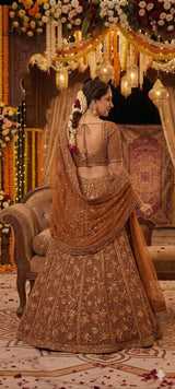 Rich Brown Heavy Embroidery, Dori & Glass Sequins Work Premium Soft Butterfly Net Designer Bridal Lehenga Choli Set