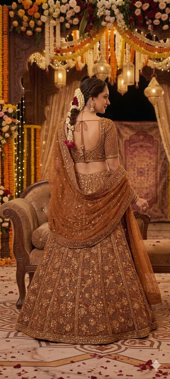 Rich Brown Heavy Embroidery, Dori & Glass Sequins Work Premium Soft Butterfly Net Designer Bridal Lehenga Choli Set