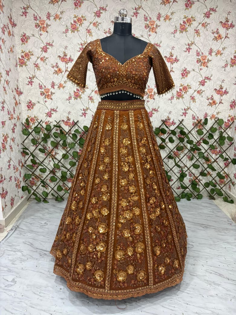Rich Brown Heavy Embroidery, Dori & Glass Sequins Work Premium Soft Butterfly Net Designer Bridal Lehenga Choli Set
