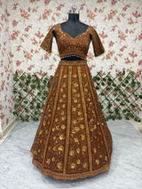 Rich Brown Heavy Embroidery, Dori & Glass Sequins Work Premium Soft Butterfly Net Designer Bridal Lehenga Choli Set