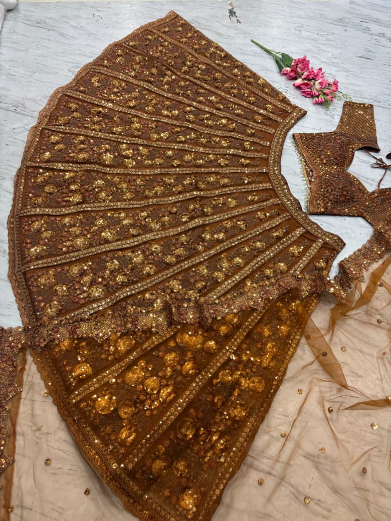 Rich Brown Heavy Embroidery, Dori & Glass Sequins Work Premium Soft Butterfly Net Designer Bridal Lehenga Choli Set